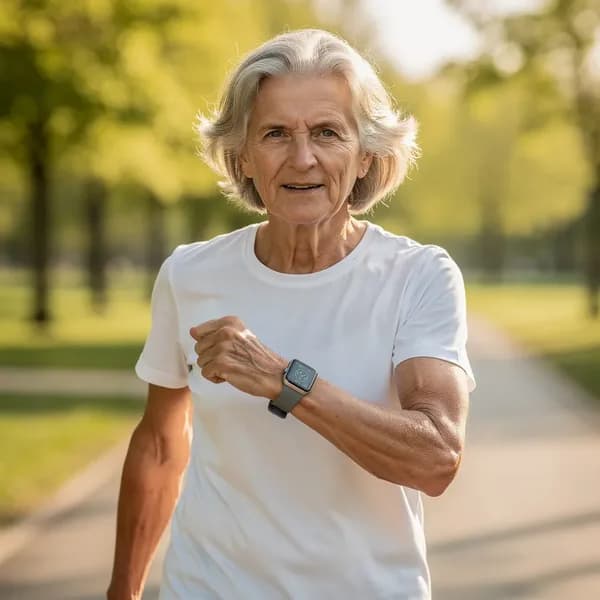 Older adult walking outdoors wearing smartwatch tracking brain health and cognitive metrics, bright morning light, healthy active lifestyle