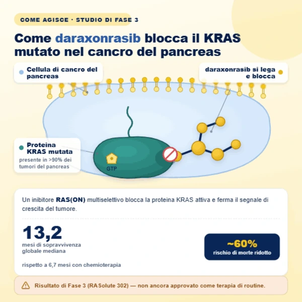 Molecola di daraxonrasib che si lega a una proteina KRAS in una cellula di cancro pancreatico.