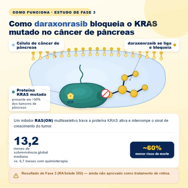 Molécula de daraxonrasib a ligar-se à proteína KRAS numa célula de cancro do pâncreas.