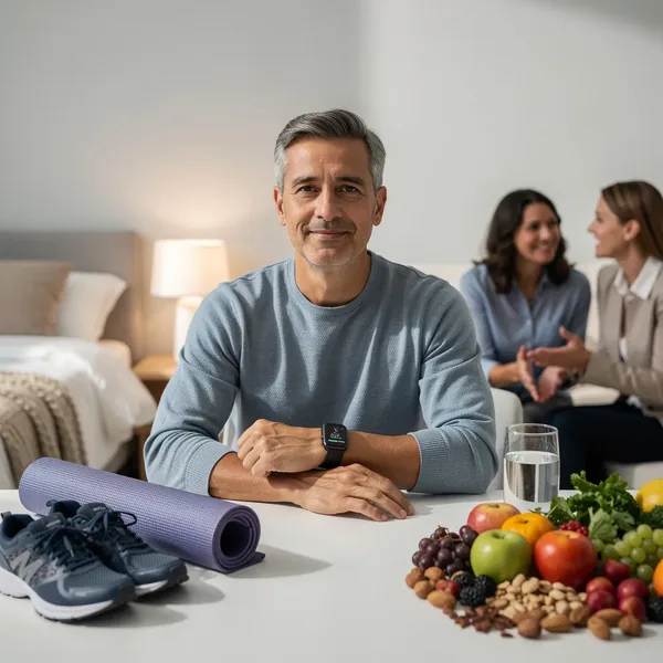 Educational medical infographic of brain health pillars: sleep, physical activity, nutrition, social engagement and continuous wearable monitoring for cognitive resilience