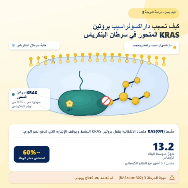 رسم توضيحي مفاهيمي لجزيء حبة داراكسونراسيب يرتبط ببروتين KRAS في خلية سرطان البنكرياس.