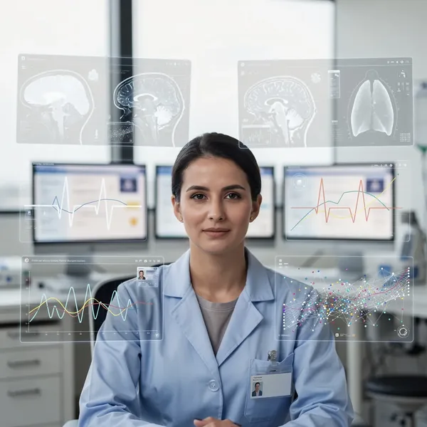 Educational medical infographic showing how AI detects early disease signals from health records, scans and biomarkers years before clinical diagnosis
