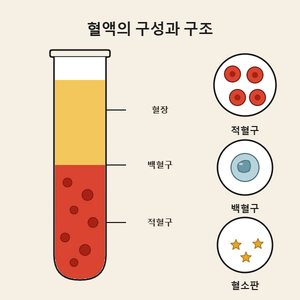 혈관 안의 혈장, 적혈구, 백혈구, 혈소판을 보여주는 의학 일러스트
