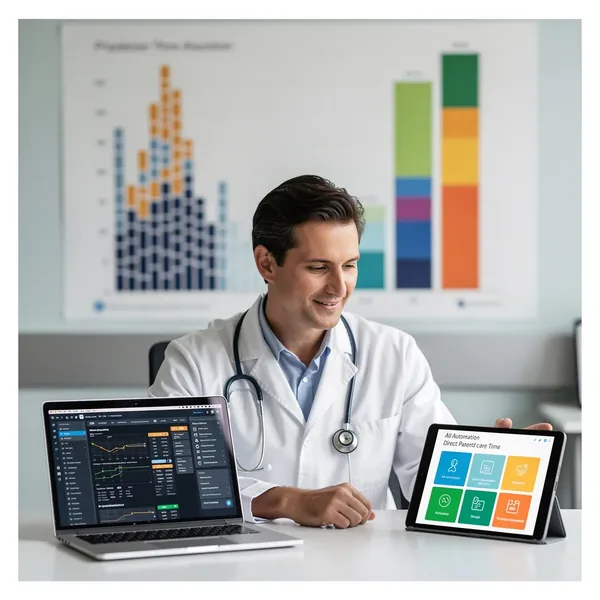 Educational infographic comparing physician time allocation: hours spent on documentation vs direct patient care, with AI automation reducing administrative burden
